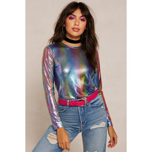 No Boundaries Rainbow Satin Long Sleeve Top Crew Neck Size Small Colorful Y2K - Picture 1 of 10